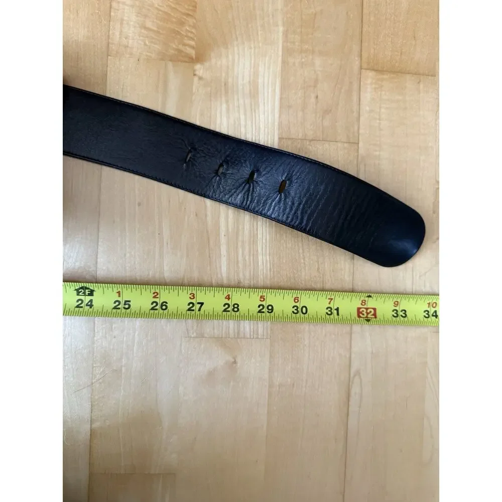 VTG Made In Italy Black Leather Belt Gold Act Deco Buckle Wide 80